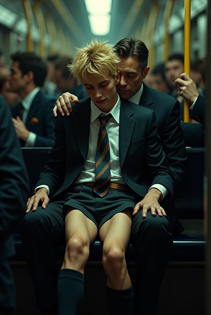 packed subway, slim blond seventeen year old college boy with legs apart, wet lips, and untidy hair, in dark blazer, striped tie, long dark socks, black shoes and very short shorts. Boy is sitting on lap of middle aged man in business suit