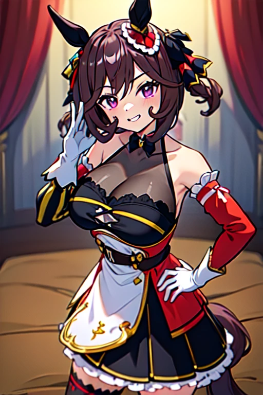 gentildonna,umamusume,1girl, animal ears, solo, purple eyes, horse tail,large breasts,,light smile,best quality,bare shoulders, white gloves, black belt on the chest, red dress, frills, ribbon, black skirt, thighhighs, white legwear, large breasts, hand on own hip, smug,