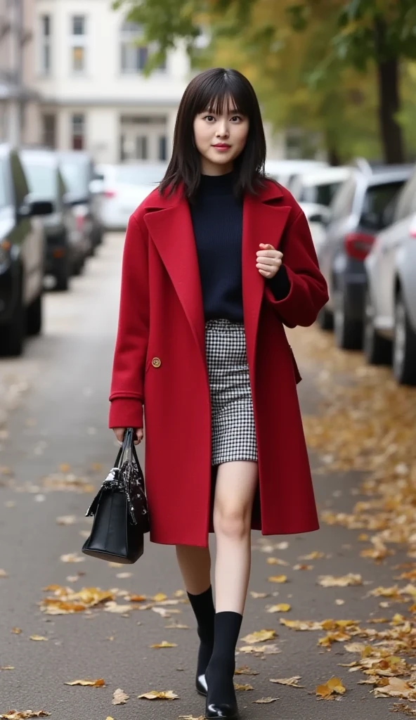  outdoor,Girl in an elegant dark red long coat , navy knitted top and houndstooth pattern miniskirt,Pumps and black ankle socks,Full body standing street photography, confident expression , shiny long hair,Idol Instagram Photos.Skin-colored pantyhose,Wearing black leather gloves