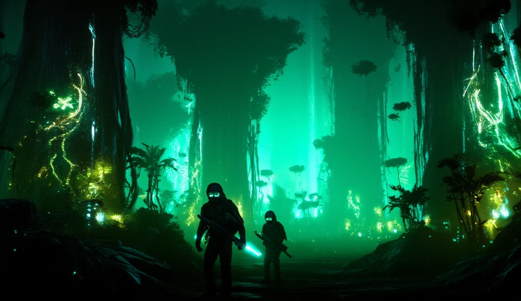 (best quality, 128k,highres,masterpiece:1.2),ultra-detailed,(realistic,photorealistic,photo-realistic:1.37), ((masterpiece)) ((photography)) ((Highest quality)) Kael and Elya venture into the glowing bioluminescent jungle, surrounded by massive, alien trees with luminous vines. The air is thick with mist, and strange creatures with glowing eyes watch from the shadows. Kael holds a plasma rifle cautiously, while Elya scans the environment with a handheld device emitting a soft blue light. Alien plants with pulsating colors and towering fungi create an otherworldly landscape.