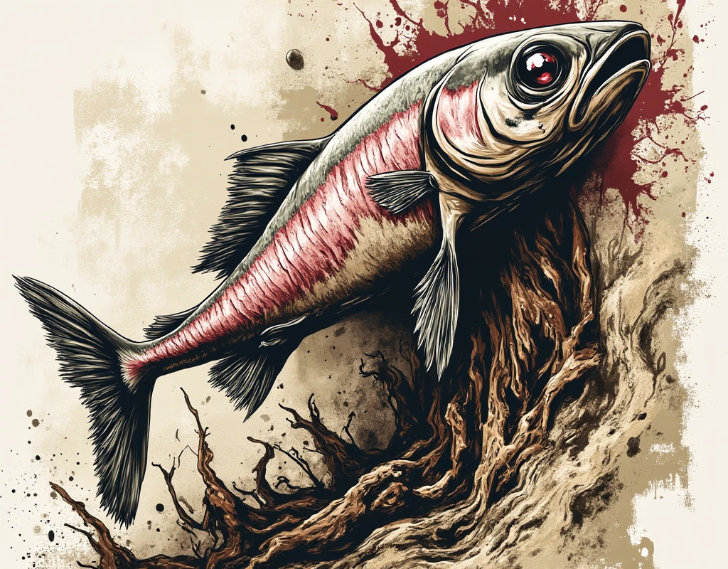 pst010, Sinister Anchovy with mottled dark-gray and gray-pink color palette
, detailed background
