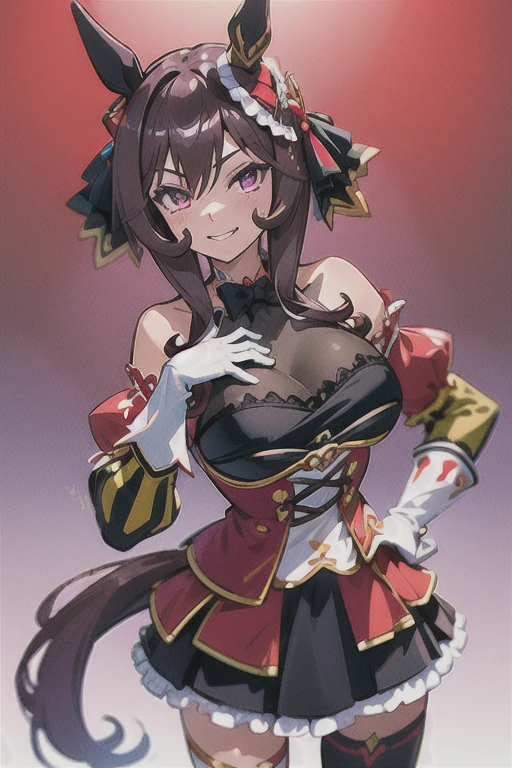 gentildonna,umamusume,1girl, animal ears, solo, purple eyes, horse tail,large breasts,,light smile,best quality,bare shoulders, white gloves, black belt on the chest, red dress, frills, ribbon, black skirt, thighhighs, white legwear, large breasts, hand on own hip, smug,