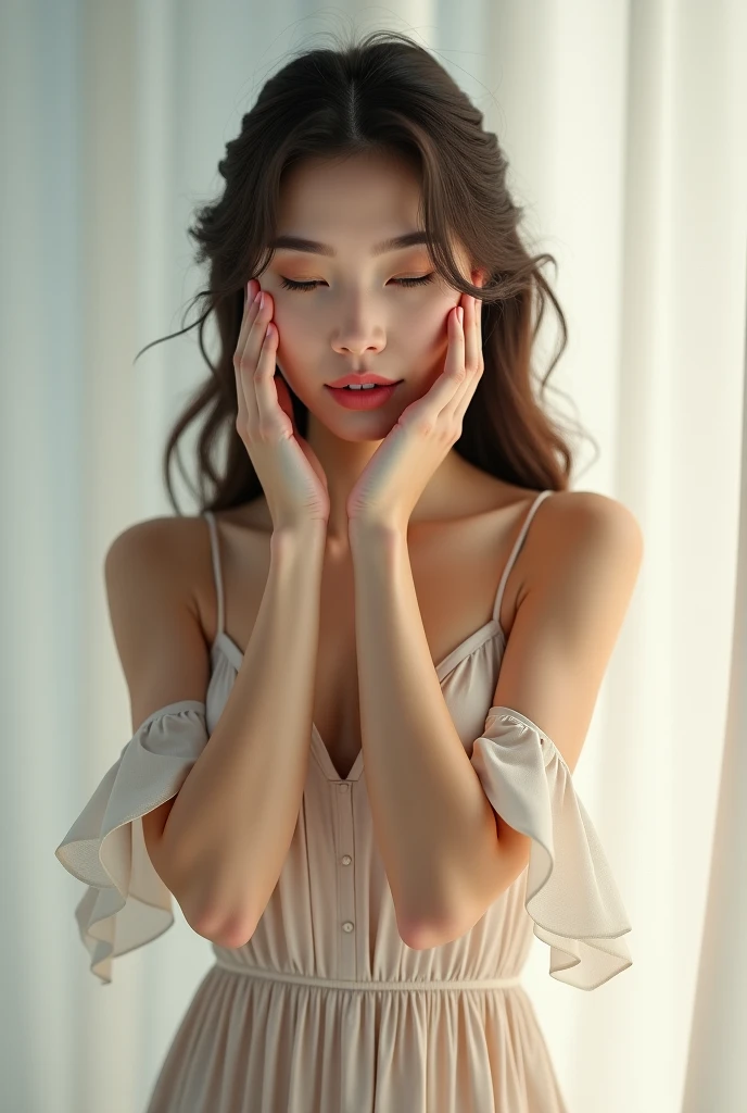 Photo, (Photorealistic: 1.4), (Hyperrealistic: 1.4), (Realistic: 1.3), (Smooth lighting: 1.05), (Improved lighting quality of the film: 0.9), Gentle and beautiful and attractive woman, (White nightdress, deep low neck), sexy and provocative pose, Beautiful and delicate face, Neat, innocent, Pink lips, Open mouth, (closed eyes), Profile, Black hair, Shy face, large breasts, seductive and exquisite collarbone, ultra-high resolution, soft and smooth skin, very realistic details, ultra-high resolution, excellent detail, 8K, attractive collarbone, cheeks reddening, eyes closed, mesmerizing expression, evening light, backlight, bedroom, big window,