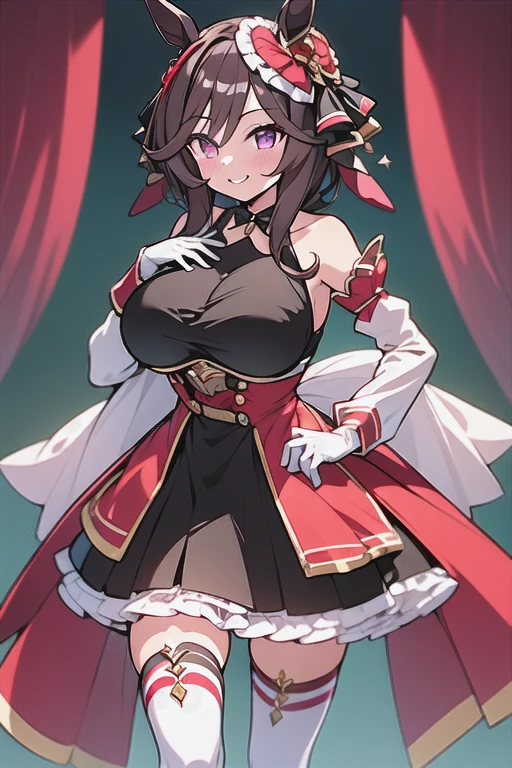 gentildonna,umamusume,1girl, animal ears, solo, purple eyes, horse tail,large breasts,,light smile,best quality,bare shoulders, white gloves, black belt on the chest, red dress, frills, ribbon, black skirt, thighhighs, white legwear, large breasts, hand on own hip, smug,