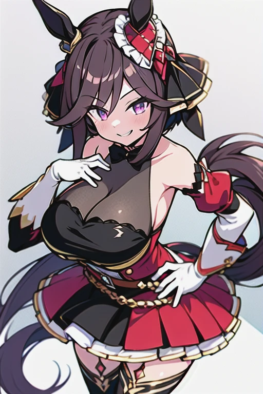 gentildonna,umamusume,1girl, animal ears, solo, purple eyes, horse tail,large breasts,,light smile,best quality,bare shoulders, white gloves, black belt on the chest, red dress, frills, ribbon, black skirt, thighhighs, white legwear, large breasts, hand on own hip, smug,