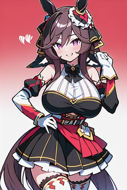 gentildonna,umamusume,1girl, animal ears, solo, purple eyes, horse tail,large breasts,,light smile,best quality,bare shoulders, white gloves, black belt on the chest, red dress, frills, ribbon, black skirt, thighhighs, white legwear, large breasts, hand on own hip, smug,