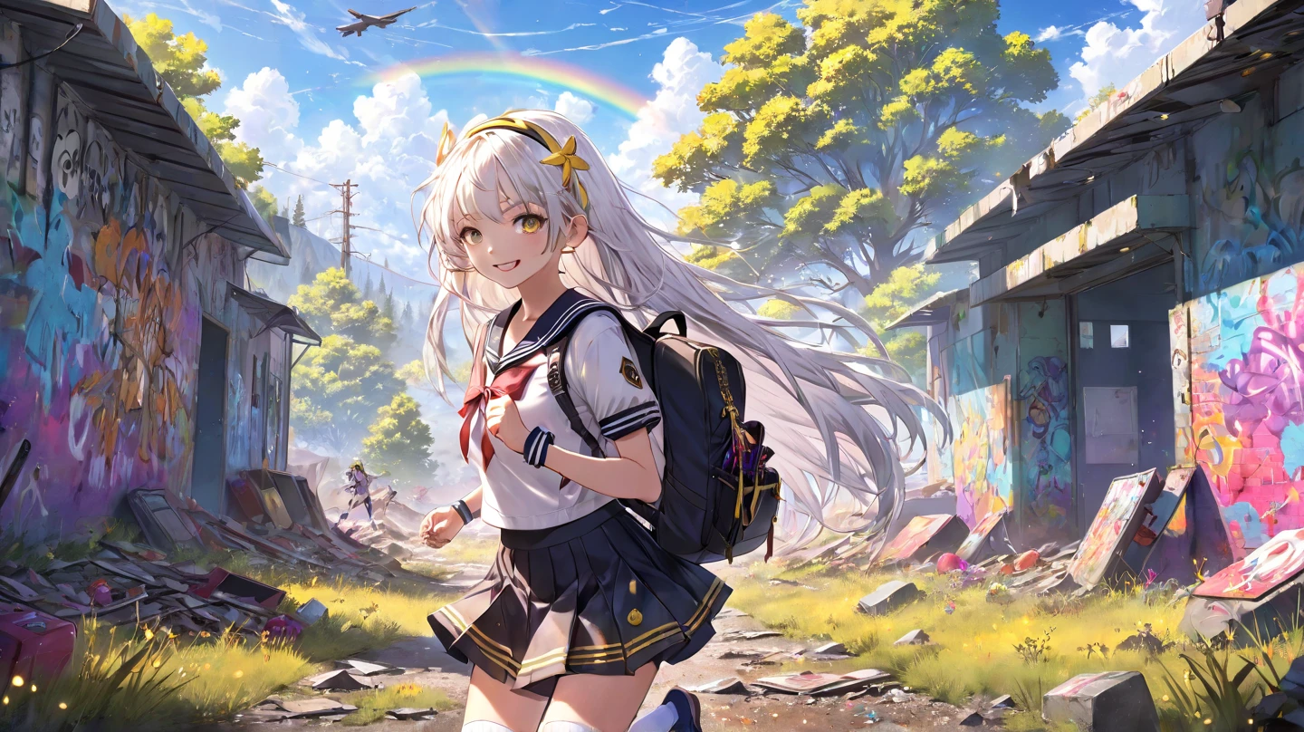 solo, 1girl, anime, anime keyvisual, long white hair, cute hairband, white and gold sailor uniform, black short skirts, shoes and socks, backpacks, look at viewer, carrying pistols, happy, apocalyptic montana, vibrant trees, vibrant grasslands, scattered destroyed objects with vibrant colors, wall with graffiti, rainbow, light sparkle, cinematic angle, (very aesthetic), ((masterpiece)), best quality​