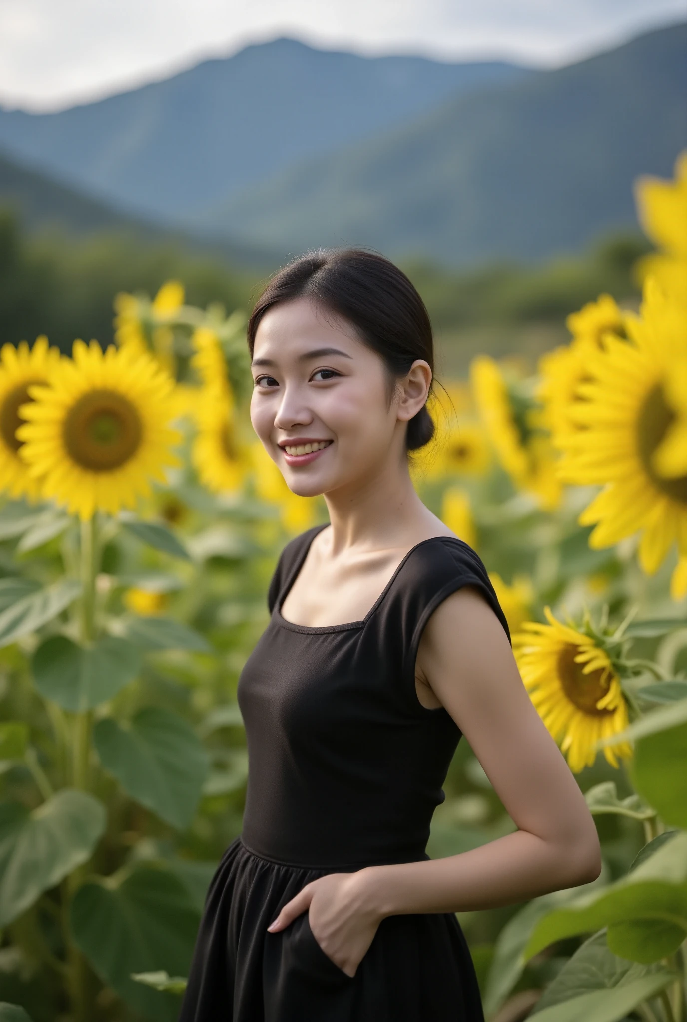 A smiling Thai woman in a dark dress poses in a field of sunflowers in the mountains. During the day, the image becomes powerful. With beautiful light and sharp details, it creates a surprising contrast.