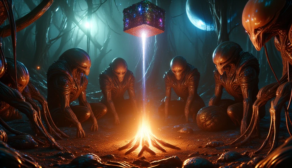 (best quality, 128k,highres,masterpiece:1.2),ultra-detailed,(realistic,photorealistic,photo-realistic:1.37), ((masterpiece)) ((photography)) ((Highest quality)) A group of survivors gathers around a makeshift campfire, a mix of humans and grotesque alien creatures. Among them: a translucent mollusk glowing faintly, an insectoid alien with sharp, blade-like limbs, and a floating cube adorned with shifting, luminous glyphs. The survivors are tense, arguing over their next moves, while alien jungle sounds echo in the background. The flickering light of the fire casts eerie shadows on their faces and the surrounding debris.