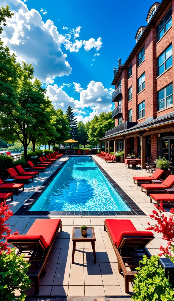 A luxurious outdoor pool area, surrounded by lush greenery and red flowers. The pool is lined with black marble tile and features several red lounge chairs. The surrounding patio is furnished with more red lounge chairs and a table. The backdrop is a brick building with large windows and a balcony overlooking the pool. The sky is a clear blue with a few wispy clouds.