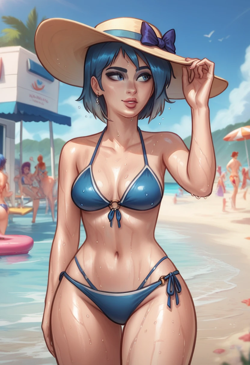 score_9, score_8_up, score_7_up, h3l3n, 1girl, simple background, Asian, bikini, sunny, lovely, bob cut hair, sun hat, gentle smile, purple lips, black eyes,
