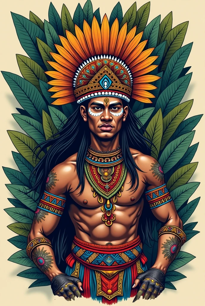 Make a round logo that has the image of an old Tupi Guarani Indian