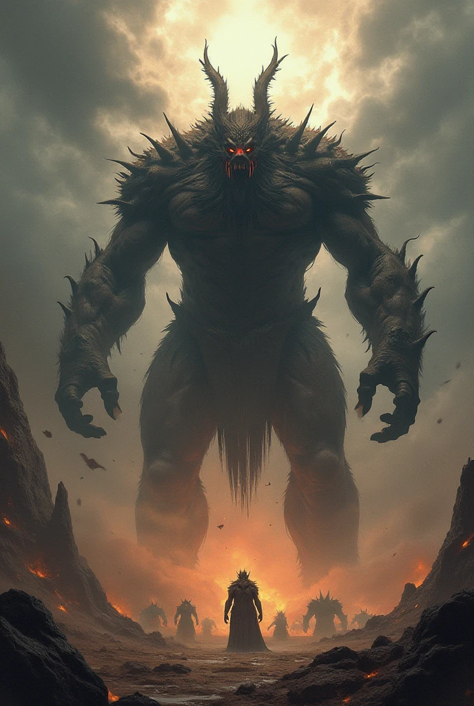 masterpiece，Super cool magical creatures，（（Huge hill giant destroyed by modern city master）），roar，Violent and cruel，Tall and mighty，（（petrified skin）），thick limbs，fighting，fire light，gravel，smoke，Random light and shadow，Glowing special effects，minimalist style，mist，（full body portrait:1.4），European and American fantasy style，Perfect，，highlight，bright colorful shades，Ink background，OC renderer，best picture quality，high resolution，dynamic perspective