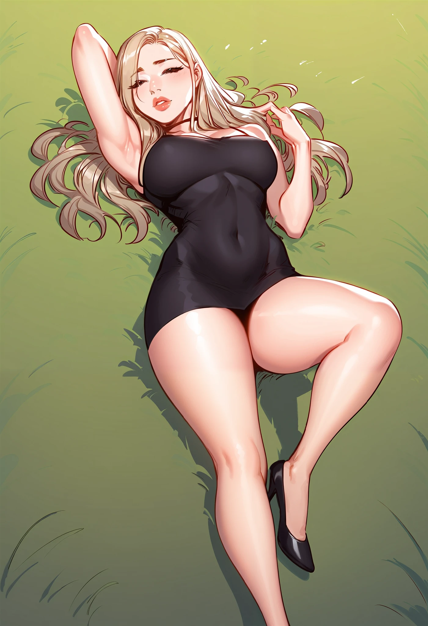 A sexy slim cute beautiful woman with blonde long hair bangs, extremely fair white skin, and pink plump lips. She's wearing a revealing skimpy black dress with black heels. Lying unconscious on grass, above pov, plain sexy eyes-closed expression, and show full body.