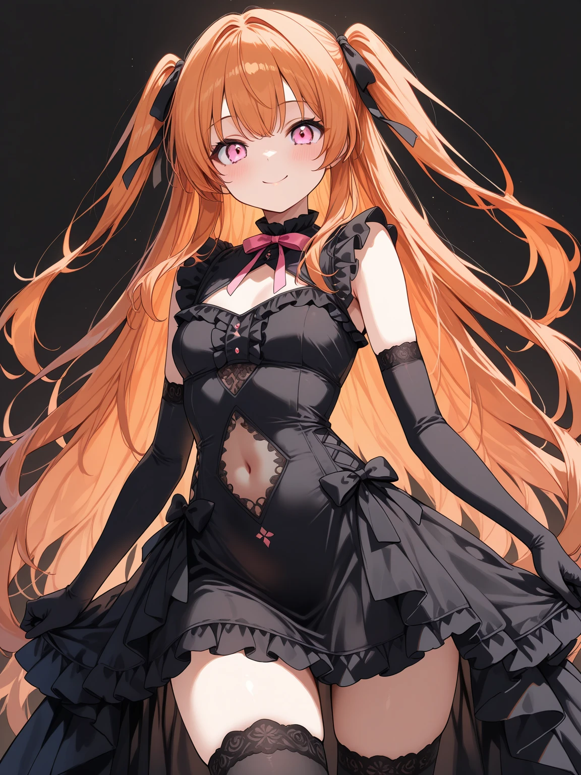 Anime - style image of a woman in a short black dress,well-groomed face, smile,8K Cute anime wife wearing a nice dress, wearing a dress, anime girl in a black dress, , from girl front line, anime moe art style, Gweiz, girl front line style, girl front line cg, seductive anime girl, small details. girl front line,Don'don't make your cheeks red