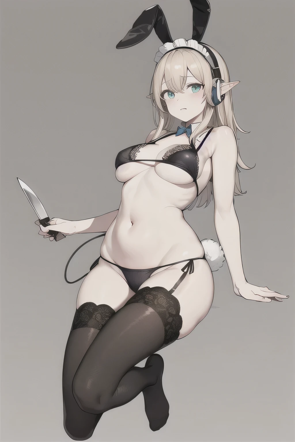 Move 、 I'm wearing a hat and knife ., I'm wearing headphones , (masterpiece, very) Detailed , Silver accessory , Blonde ,, Getaway , Getaway , Getaway , Getaway , Getaway , Getaway , Getaway , Getaway , LAM, pointy ears , , ,belly button exposure, Full body , deep v-neck swimsuit panties with black tights , long black socks , Crooked clothes , maid , Blonde , , Lace Suspender , Detailed , Rabbit ear headband , not wearing shoes