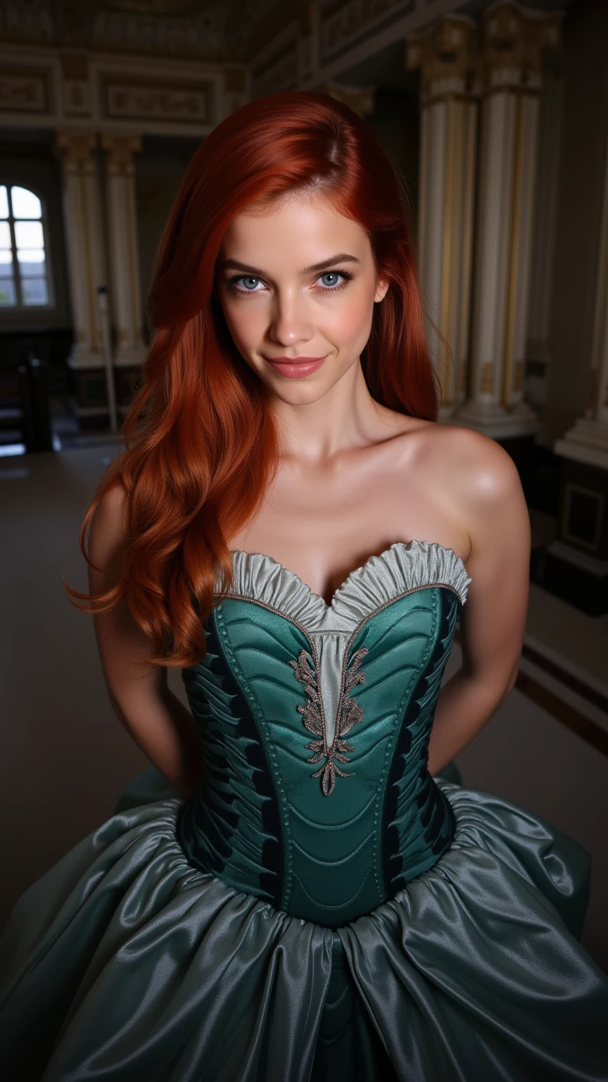 Very Close-up high angle portrait  with a fish eye lens of a busty figure, a **********  in a ariel costume with her breasts bursting out of the bodice, the bodice is too small for her breasts, ornate ball gown, ((18 years old with tiny breasts; Disney princess Ariel costume; glued to the body; beautiful and elegant; tiny breasts; red hair swept to the side))) and piercing gaze, standing in a dimly lit palace room with ornate designs and a high ceiling, with just a hint of early morning sunlight peeking through the windows. She stands firm, hands clasped behind her back, as she gives a slight  smile. The lighting in the room is dim with a lot focus on her tiny breasts