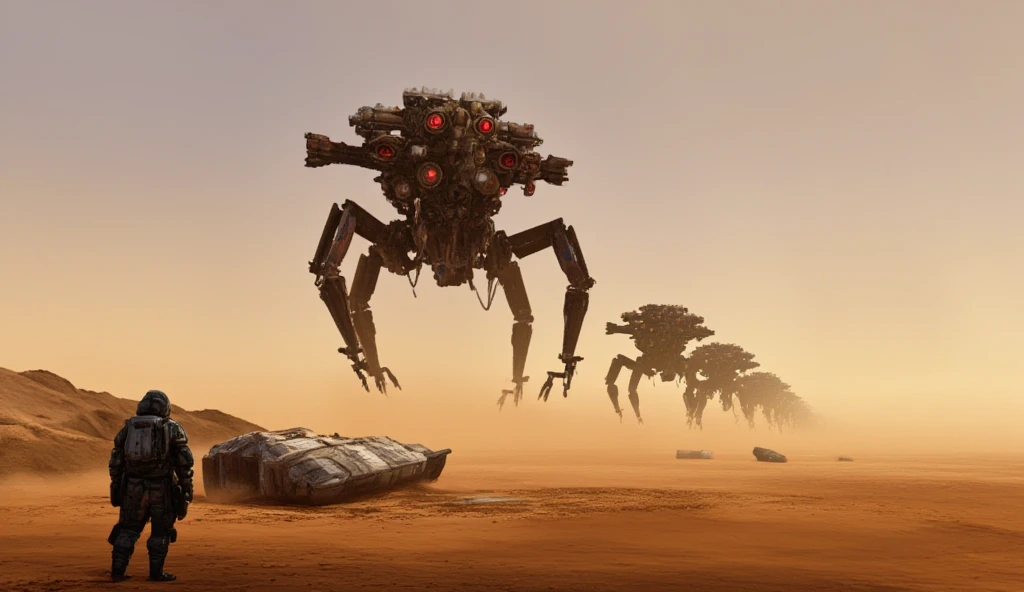 (best quality, 128k,highres,masterpiece:1.2),ultra-detailed,(realistic,photorealistic,photo-realistic:1.37), ((masterpiece)) ((photography)) ((Highest quality)) A wave of ancient, war-torn drones emerges from the barren desert, their metallic frames rusted yet menacing, glowing with red energy cores. They approach the survivors’ camp near the wreckage, their ominous shadows stretching across the ground as the sun sets. The survivors scramble for cover, Kael standing in front, weapon ready, while Elya frantically works on reactivating a shield generator salvaged from the ship.