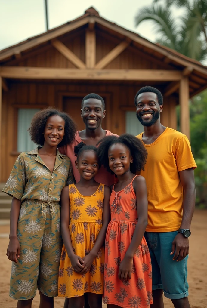 photo de famille de 3 personnes, paysage, père âgé de 53 ans, mère âgée de 49 ans, Femme de 26 ans sans, fond de pièce, Photo de famille africaine , ultra détaillé, 8k, Réaliste