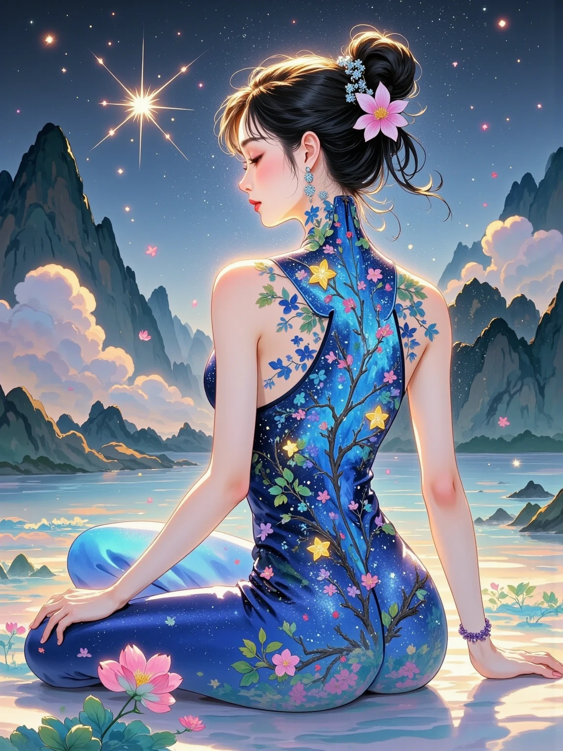 Super detailed high quality 32K resolution. A woman captured from a dynamic angle, showcasing her back and side as she sits gracefully in a compact, serene posture. Her arms rest delicately on her knees, hands relaxed, while her legs fold closely beneath her, creating a fluid and harmonious silhouette. Her head is slightly tilted forward, her gaze directed downward with closed eyes, exuding both mystery and calm. Her body is adorned with breathtaking, three-dimensional tattoos that appear to emerge from her skin, resembling vivid blue ink art inspired by traditional Chinese and Japanese aesthetics. The tattoos depict intricate natural elements—majestic trees, twisting branches, and vibrant landscapes—that flow seamlessly along her back and side, creating the illusion of living art. The tattoos rise and intertwine like ethereal sculptures, blending her form with the natural world in a surreal, dreamlike way. From this perspective, the tattoos cascade down her spine and around her side, emphasizing the curvature of her body and enhancing the dynamic energy of the composition. The background is a dramatic gradient of deep gray to glowing pale blue, intensifying the visual contrast. A soft yet directional light enhances the glossy, porcelain-like texture of her skin and tattoos, casting subtle shadows that make the three-dimensional elements pop with energy and depth. The scene radiates an aura of elegance and otherworldly power, capturing a balance between human form and artistic fantasy