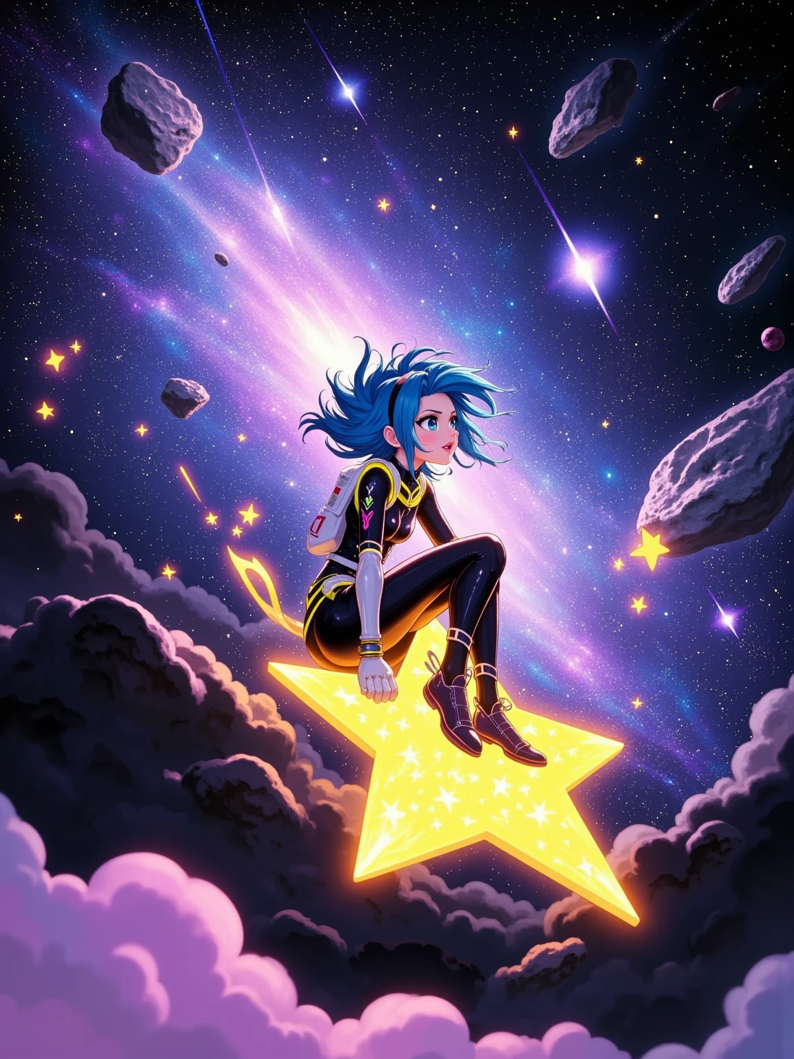 A vast, inky-black expanse of outer space stretches as far as the eye can see, dotted with swirling galaxies and pulsating nebulas. A fearless girl, her hair a wild mane of electric blue and her body encased in a sleek, high-tech spacesuit adorned with neon accents, zooms across the cosmos on a jagged, meteor-like star. The star crackles with energy, leaving a trail of sizzling plasma behind as the girl grips its rocky surface with gloved hands, her determined gaze fixed on the unknown mysteries that lie ahead. Asteroids zip by dangerously close, and alien constellations form strange patterns overhead. Ultra-High Resolution, Dynamic Lighting, Thrilling, Bold Colors, Futuristic, Epic Adventure.