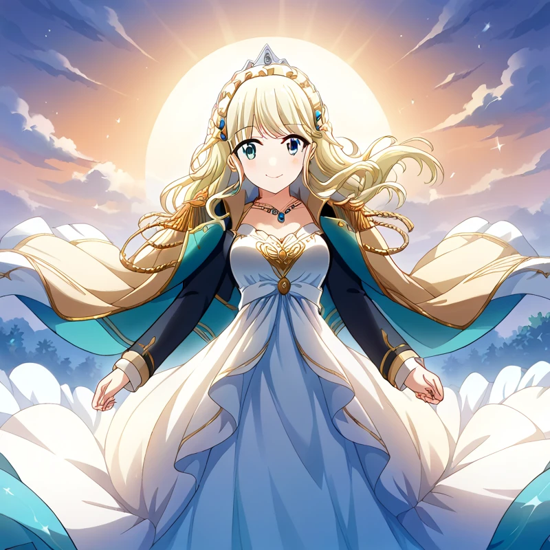 score_9, score_8_consolation, score_7_consolation, score_6_consolation, 1 woman, Shiori ,  blond hair , Long hair , shoulder jacket , Epolite , headdress,  cool wind ,  princess dress , long dress, seafront, sunset,  light smile  , necklace
