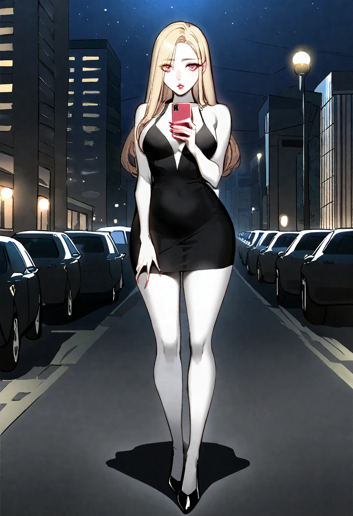 A sexy slim cute beautiful woman with blonde long hair bangs, big pink eyes, extremely fair white skin, and pink plump lips. She's wearing a revealing skimpy black dress with black heels. Standing straight, holding a phone, sexy seductive expression, night street in the background, and show full body.