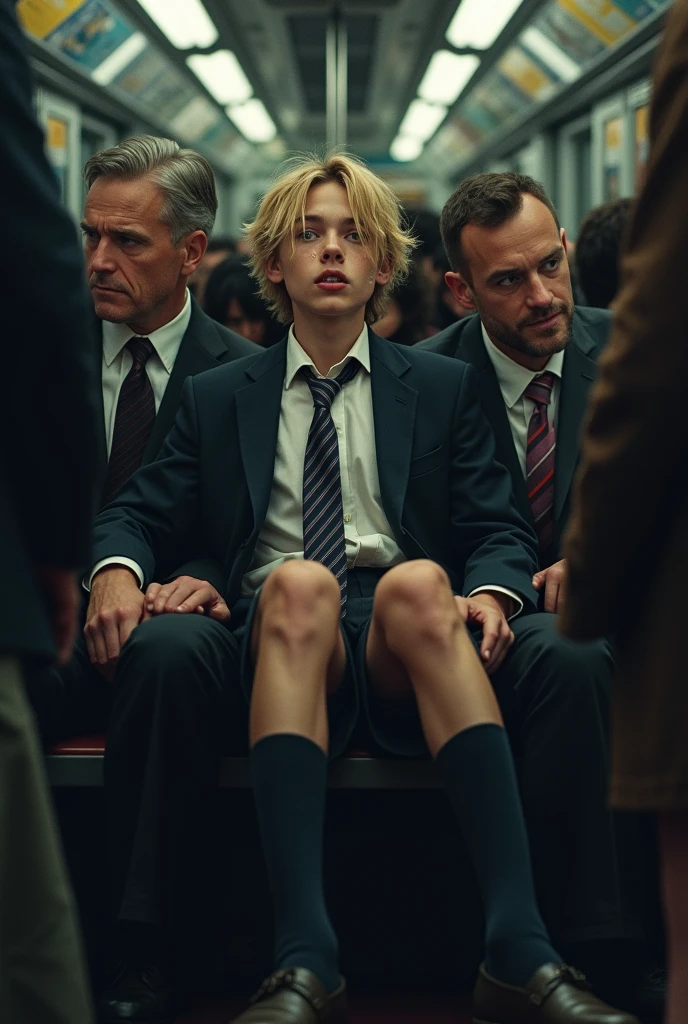 packed subway, slim blond seventeen year old college boy with legs apart, wet lips, and untidy hair, in dark blazer, striped tie, long dark socks, black shoes and very short shorts. Boy is sitting on lap of middle aged man in business suit