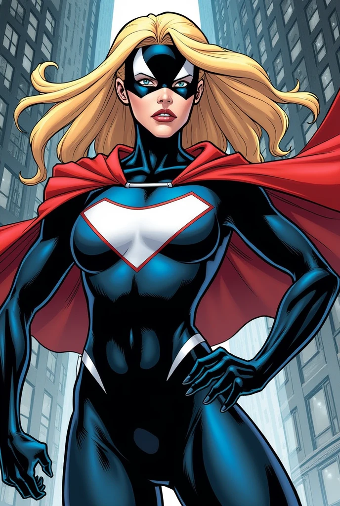 ((ultra detailed, glossy, smooth, comic style)), (sexy pose), nubile spider gwen web on top of a skyscraper at sun set, short blonde hair, beautiful detailed eyes, ((worried expression)), skintight superhero outfit, soft edge lighting, highly detailed, ((body shot)), professional, soft volumetric lighting, lens flares,