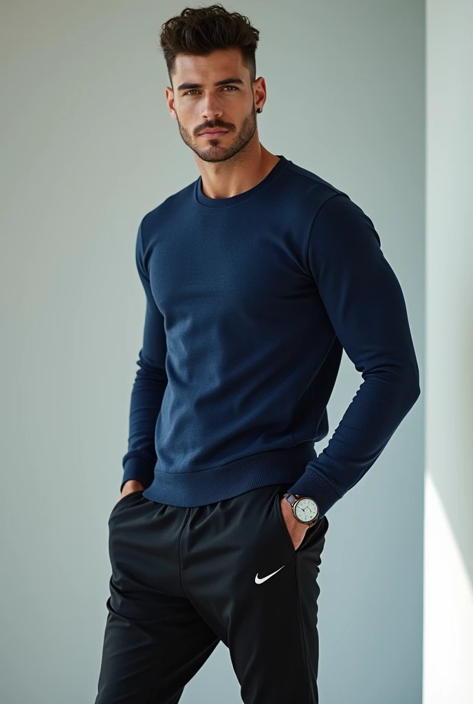 1 handsome Korean guy,28 years old,Fitness coach,Who is Shi Yu?, Li Yuanbin, Kim Hyung Tae, Kim Hyung Tae,, Kim Hyung Tae, Yin Shishan, Handsome athletic guy,Broad shoulders and narrow waist,A handsome guy wearing a dark blue sports T-shirt and gray sweatpants,The neckline is slightly open, Form-fitting fabric contours the bust,in a remote warehouse,hands tied behind back。hands tied behind back,Masculine and handsome,High,Muscles look good,hairy body,Wheat complexion,black eyes(thin eyes 1:3),whole body image