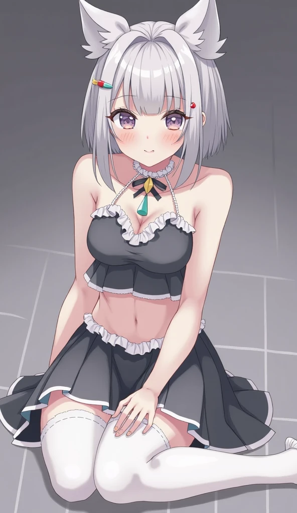 Mine series Two Toneの髪 pink black G cup skirt Thighhighs choker ribbon bob masterpiece highest quality High resolution blue eyes short sleeve blackい服 big breasts Two Tone Show panties bra underwear Show bra shame earrings shyness blush female brat Silver Erotic sexual adult inner color