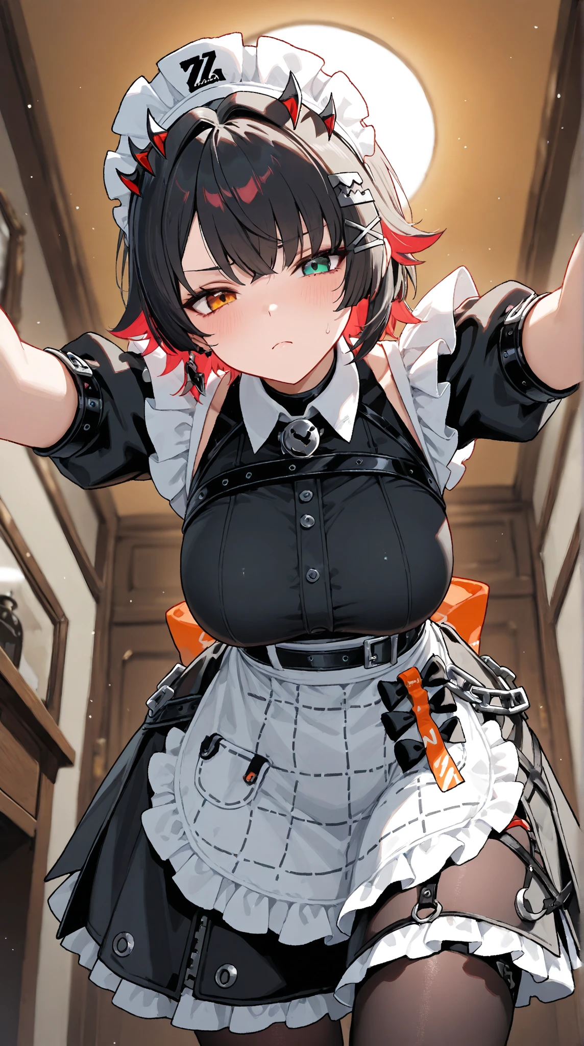 (((masterpiece,Highest Resolution,4K High Resolution,Crisp image quality:1.3)Pussy juice(Detailed Hair,garter belt,(((Pussy juiceでべちゃべちゃ))((Intense behind the scenes sex:1.3))(Eyes are hearts)solo,One Girl(Large Breasts)Ellen Joe，Zenless Zone Zero，Alternative costumes ,Maid, shark tail, (Shark Girl:0.5), short hair, tail, ,multicoloRedhead, Black footwear, Short sleeve, apron, Wrist cuff, Maidheaddress,, Black Hair, Redhead，inner hair color, multicoloRedhead, (Red eyes:1.3),, Two-tone hair,, ear piercing