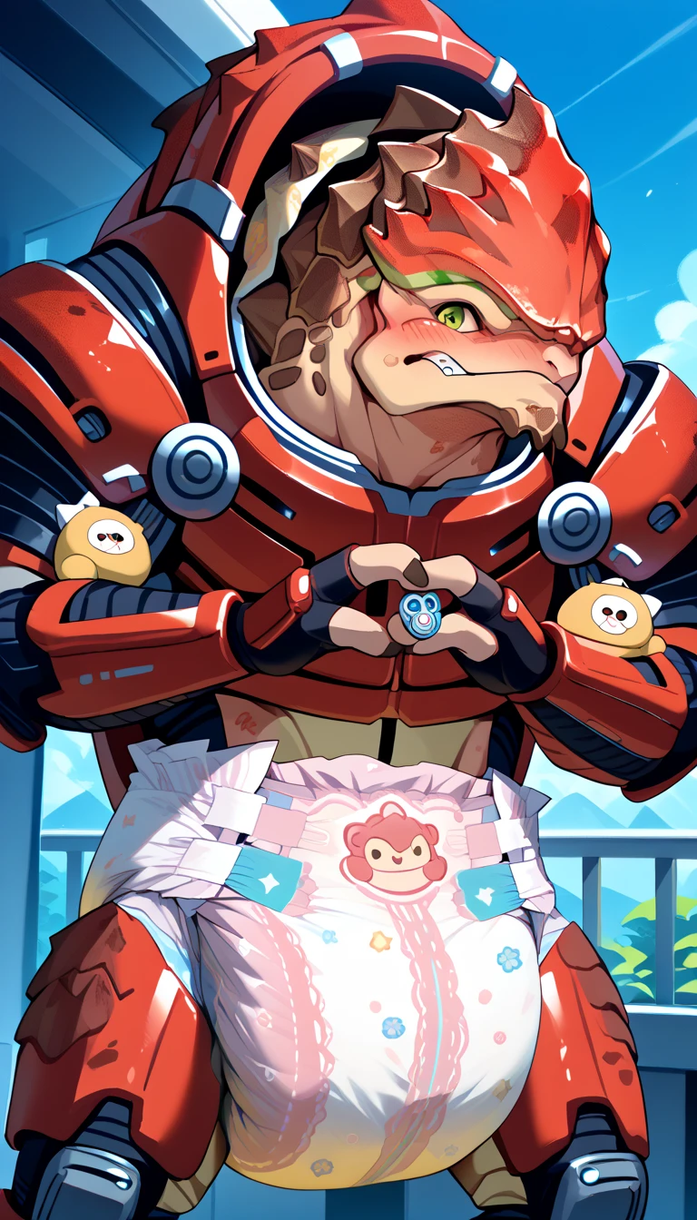 1 person、(((Male krogan wearing a dirty diaper)))、mass effect、masterpiece、Highest quality、Dirty diaper、pacifier、toy、stuffed toy、Fairy tale、Spaceship、Sharp Eye、blush, parker