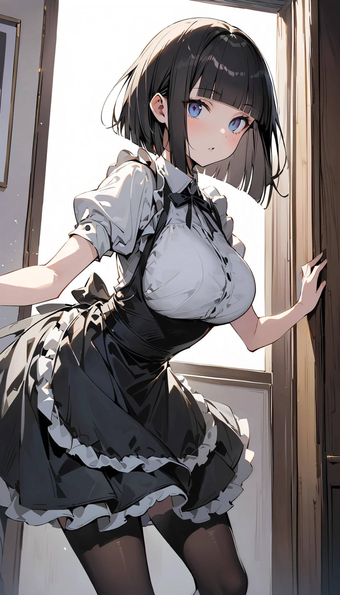 1Girl, maid clothes, blush, cleavage, are standing, looking Back, (holding mop:1.3),