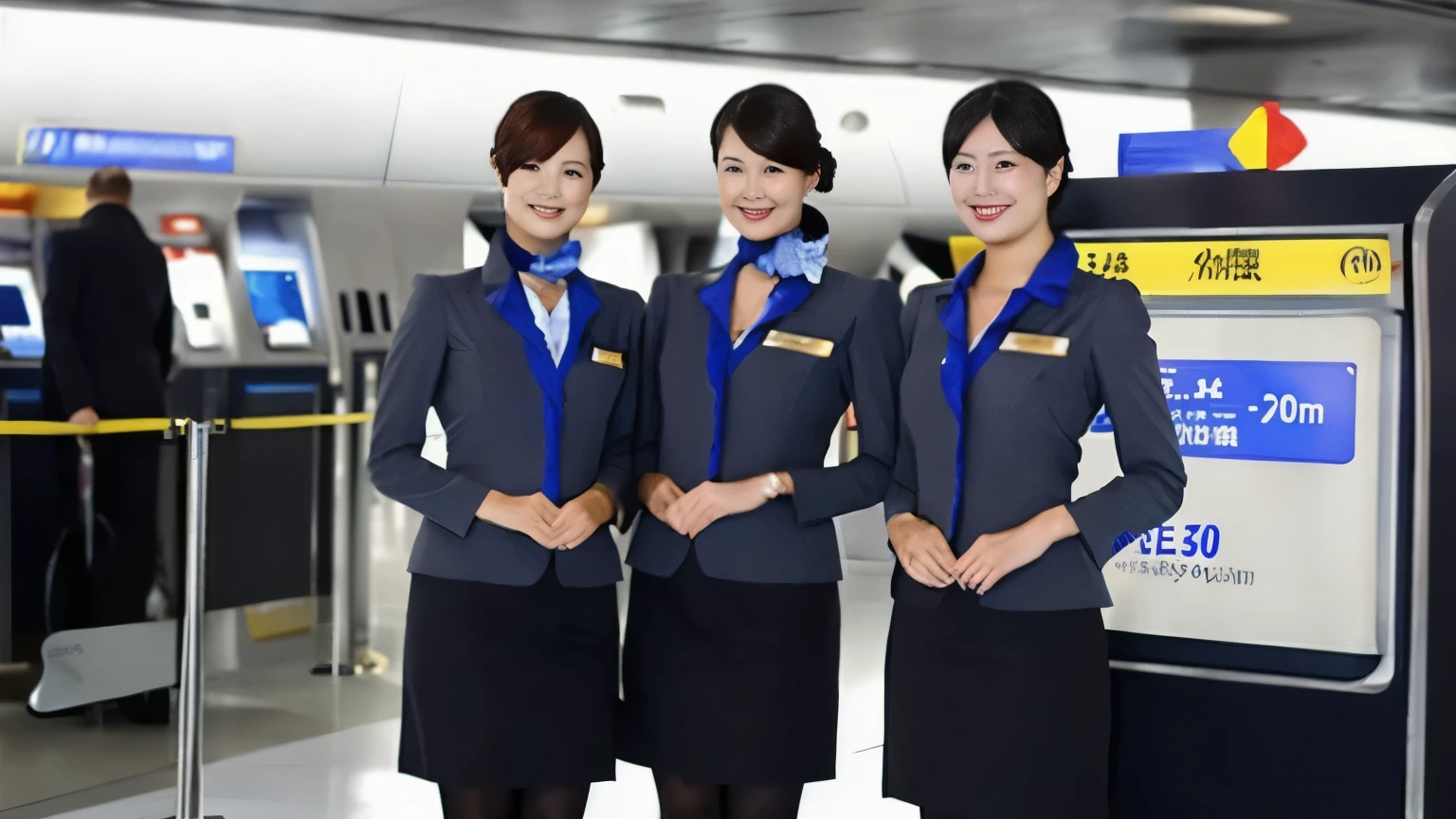 One Japanese woman、Woman squatting at airport terminals、((Full body photo:1.2))、24-years-old、stewardess、cabin attendant、(Highest quality、masterpiece、high resolution、High resolution)、Clear makeup、Beautiful woman、Perfect proportions、Beautiful feet、Detailed face and eyeoisturized lips、Beautiful black hair、(Nikon Z9 NIKKOR Z 50mm f/1.2 S 50mm F/11 1/40secs:1.2)、((RAW Photos、Photos like the real thing))、updo、Look at you with a gentle smile、Airline Uniforms、ANA Uniforms、Gray Uniform、(Blue Shirt)、(Blue neck scarf:1.3)、Black high heels、Black pantyhose、Thin material pantyhose、(Airport terminals、Clean floor、Bright lighting)
