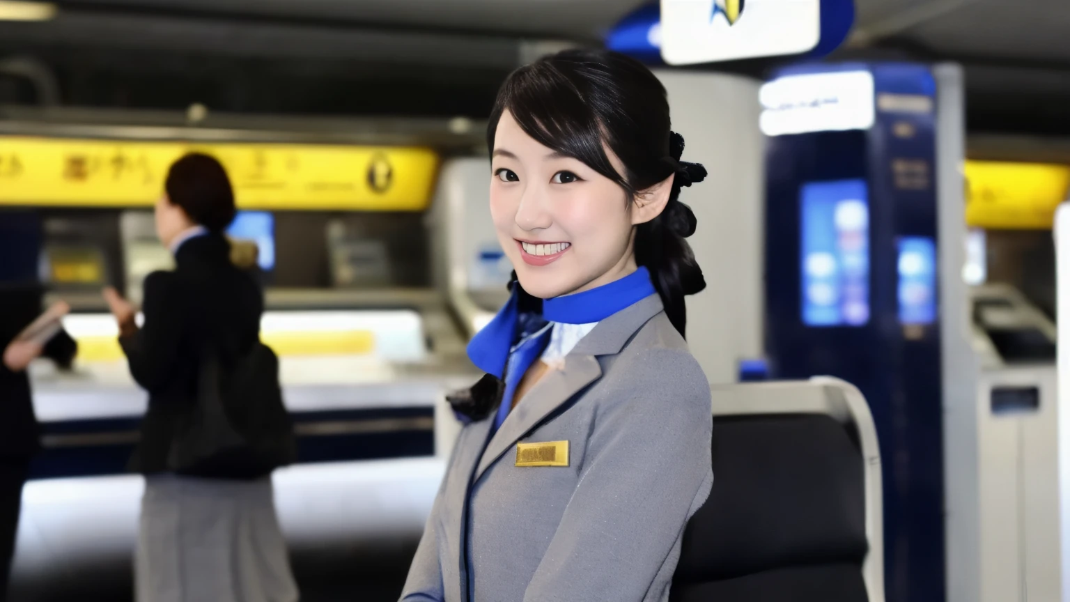 One Japanese woman、Woman squatting at airport terminals、((Full body photo:1.2))、24-years-old、stewardess、cabin attendant、(Highest quality、masterpiece、high resolution、High resolution)、Clear makeup、Beautiful woman、Perfect proportions、Beautiful feet、Detailed face and eyeoisturized lips、Beautiful black hair、(Nikon Z9 NIKKOR Z 50mm f/1.2 S 50mm F/11 1/40secs:1.2)、((RAW Photos、Photos like the real thing))、updo、Look at you with a gentle smile、Airline Uniforms、ANA Uniforms、Gray Uniform、(Blue Shirt)、(Blue neck scarf:1.3)、Black high heels、Black pantyhose、Thin material pantyhose、(Airport terminals、Clean floor、Bright lighting)