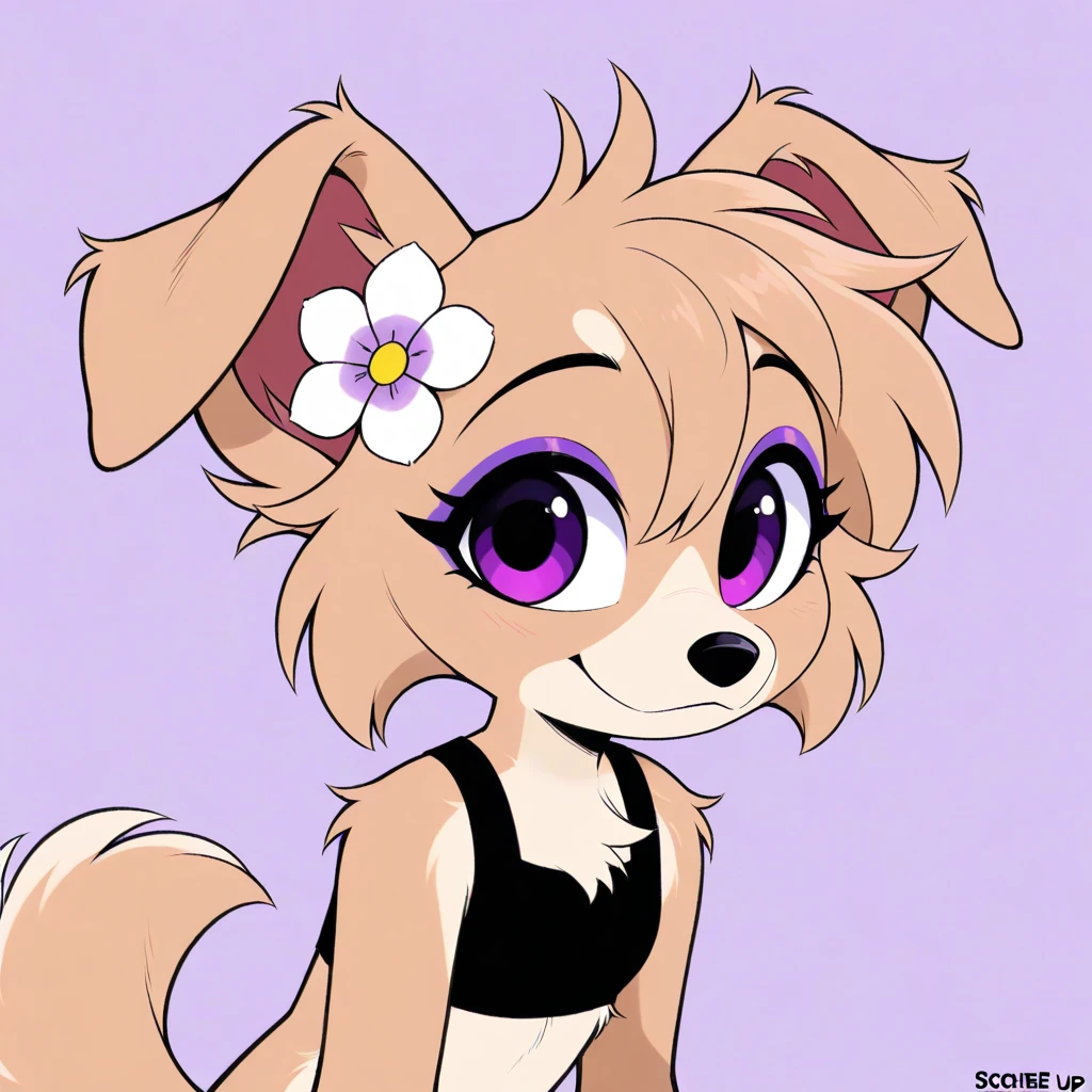 Anthro, female, dog, tan fur, purple eyes, hair tuft, black nose, flower in hair, cute, eyeliner, black crop top, 2D