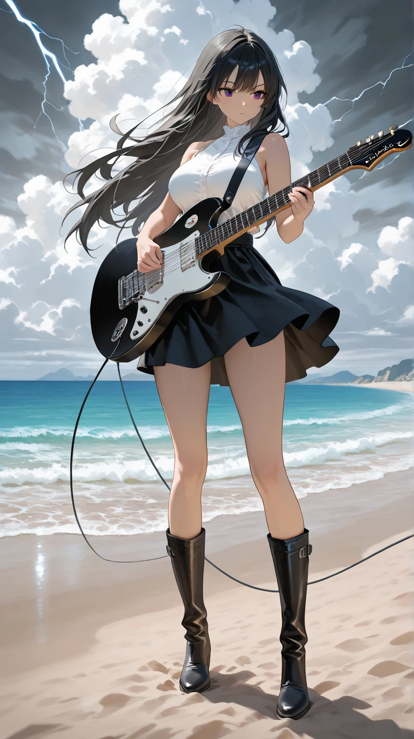 Realistic, real, beautiful, long black hair, bangs, full body, cute girl, bikini, normal size breasts, gibson sg guitar, beach, smile