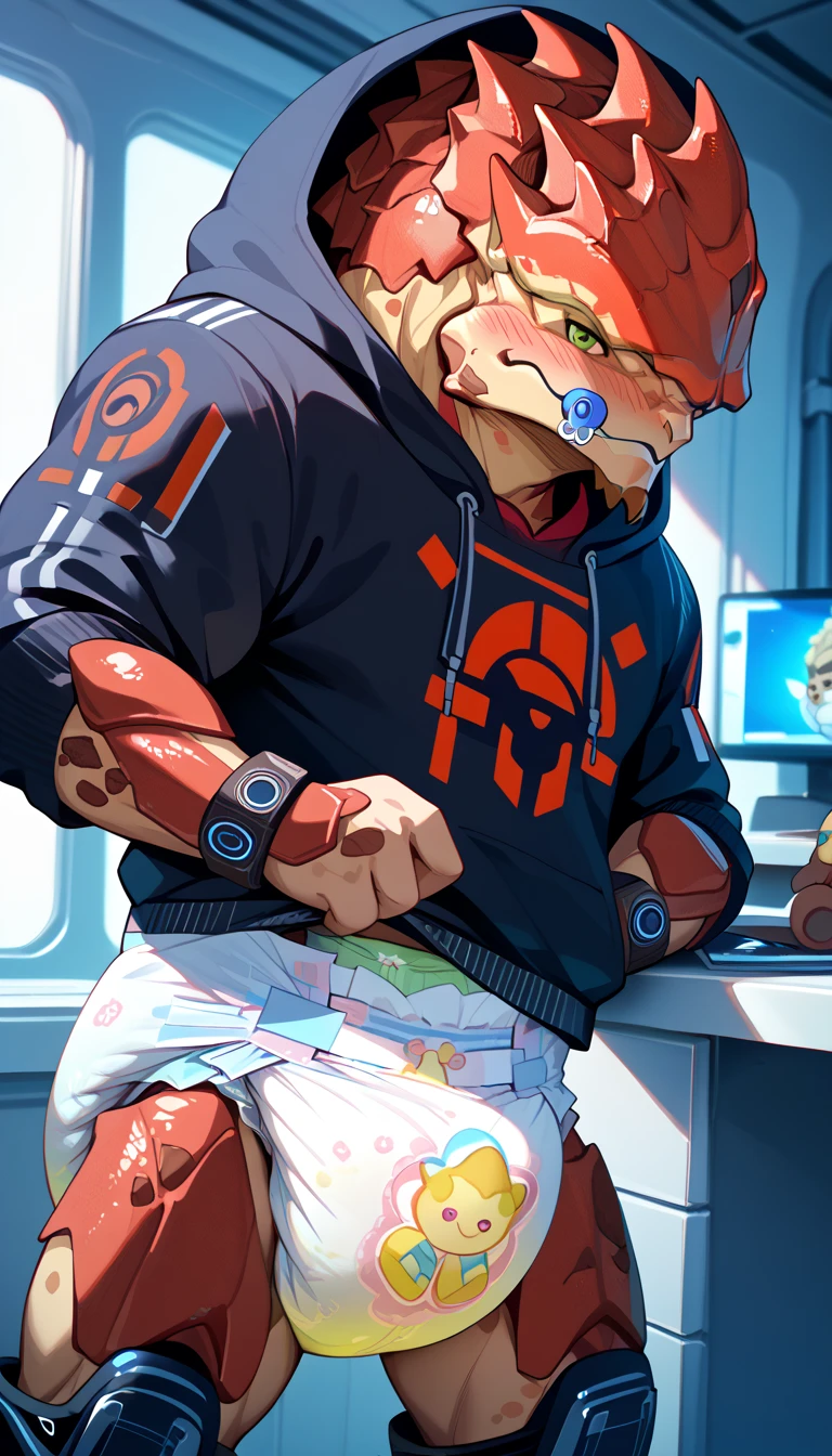 1 person、(((Male krogan wearing a dirty diaper)))、mass effect、masterpiece、Highest quality、Dirty diaper、pacifier、toy、stuffed toy、Fairy tale、Spaceship、Sharp Eye、blush, hoodie