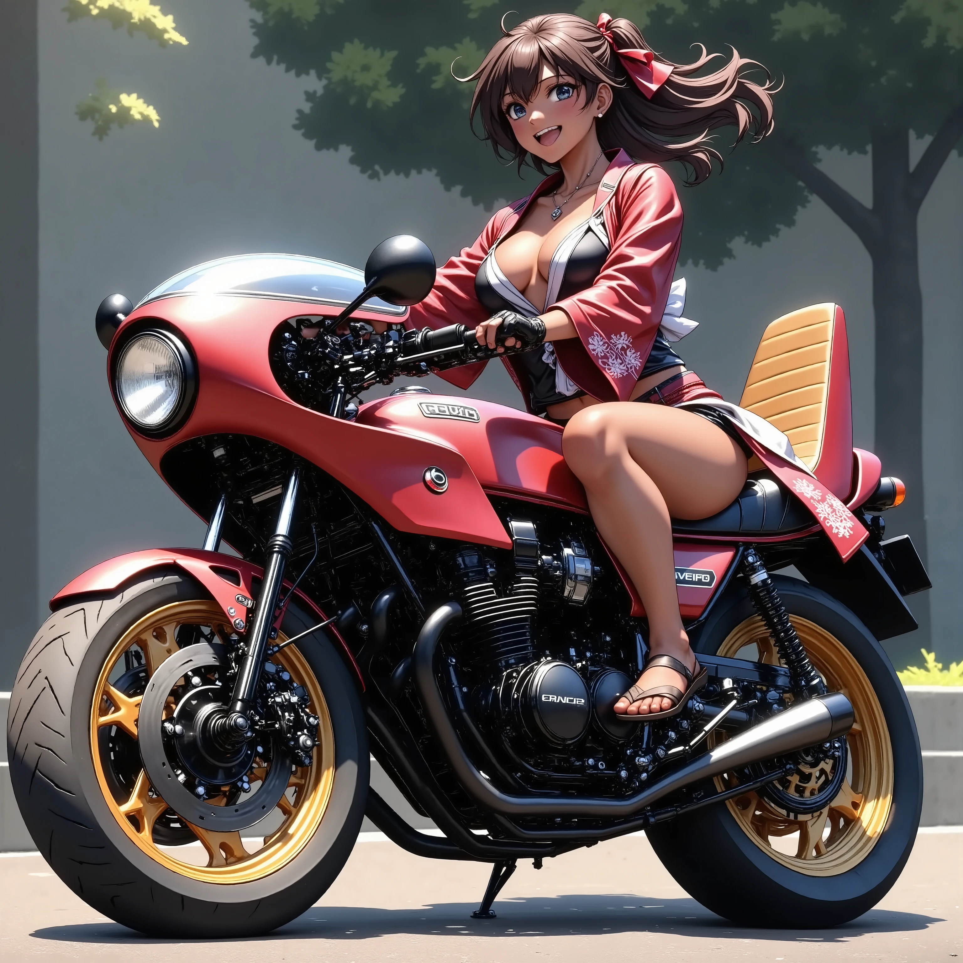 A Girl on a Cafe Racer Tuned Motorcycle + Japanese Kimono 、straw sandals、 abs、 glossy brown skin 、