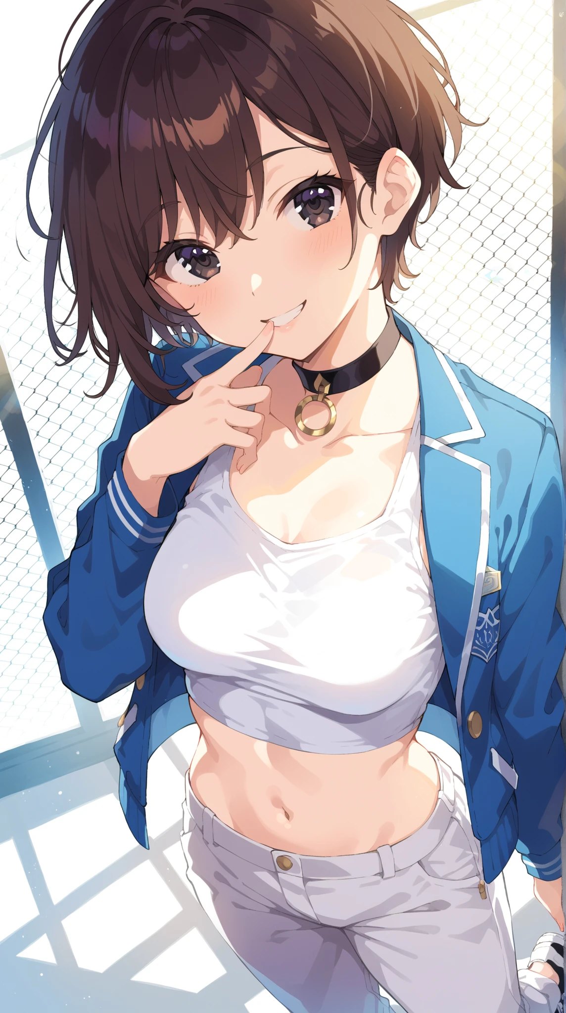 (((masterpiece))), ShizukaMikazuki, 1girl, solo, looking at viewer, short hair, brown hair, long sleeves, cleavage, bigger breasts, closed mouth, collarbone, jacket, open clothes, open jacket, blue jacket, ground vehicle, transparan bra, bicycle,