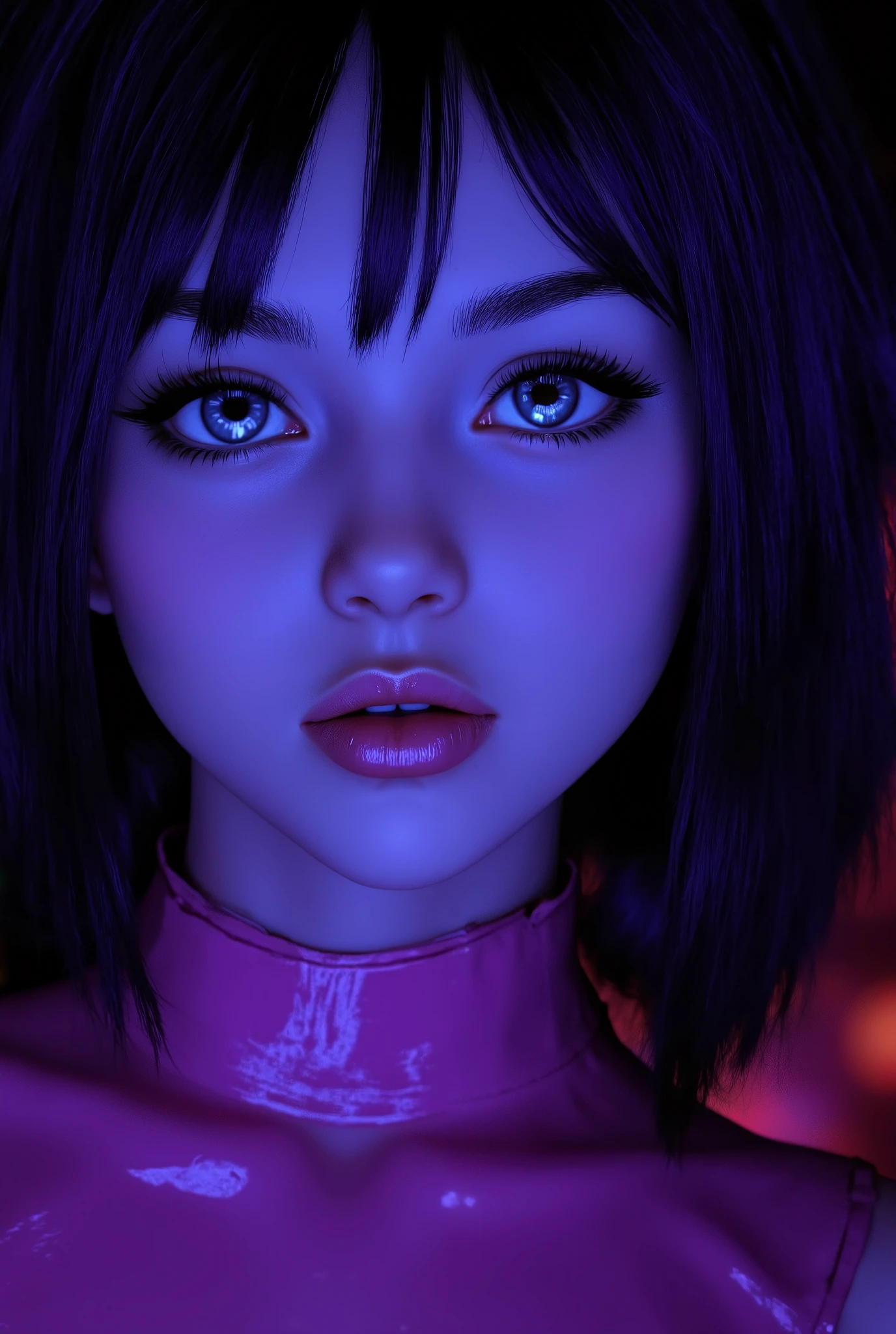 （ highdefinition images、Pro Work 、Artistic、's greatest masterpiece、 Draw Realistically Accurate with Detailed Details 、 Detailed texture :1.2）、（ Beautiful in complete darkness １7--old l、Purple hair 、 Beautiful Girl Illuminated by Blue Light 、Small chin、 big eyes、 Feeling slightly apart between eyes 、（Big Blue Eyes ）、Beautiful Nose、Thick lips、(Full body portrait、long legs and arms 、 Smooth Pink Tight Bodysuit 、latex、Enamel、 Expresses the texture of a shiny, smooth surface、High heel boots made of the same material :1.4）、((The whole body is shining)):1.5）