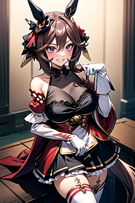 gentildonna,umamusume,1girl, animal ears, solo, purple eyes, horse tail,large breasts,,light smile,best quality,bare shoulders, white gloves, black belt on the chest, red dress, frills, ribbon, black skirt, thighhighs, white legwear, large breasts, hand on own hip, smug,