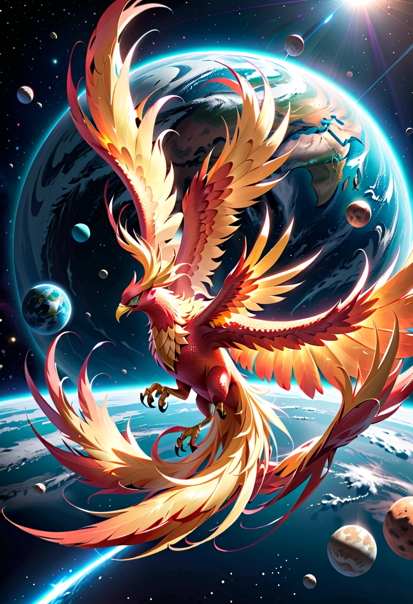 wide angle cinematic shot of a majestic (fireless ethereal phoenix) gracefully soaring through a starlit sky,its wings ablaze with vibrant colors,as it releases a burst of healing energy that rejuvenates a withered tree below,<lora:Phoenix:0.9>,((iridescent shimmering speckled feathers)),SimplePositiveXLv2,intricately detailed feather tips,((radiating ethereal energy)),blue hour sunset background