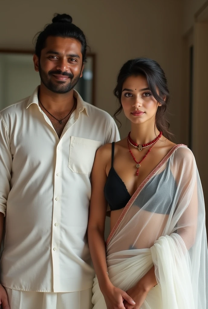 Indian couple selfie pose top angle view, pony tail, big clevage