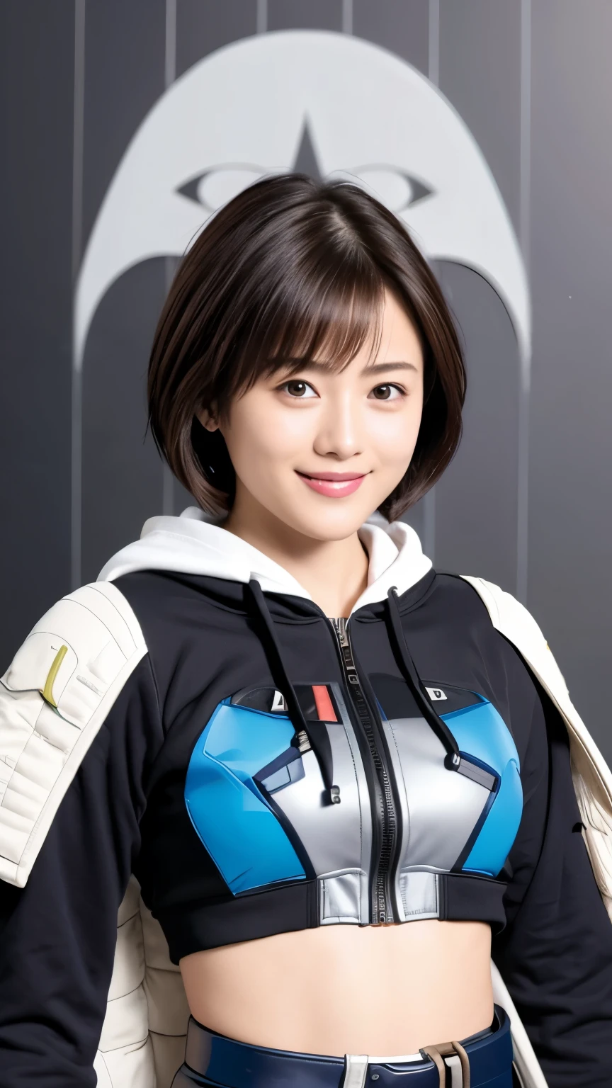 348 (20-year-old female, short hair), ( HD), (smile), (Gatchaman's combat uniform), (beak-shaped transparent hooded helmet), ( abs)