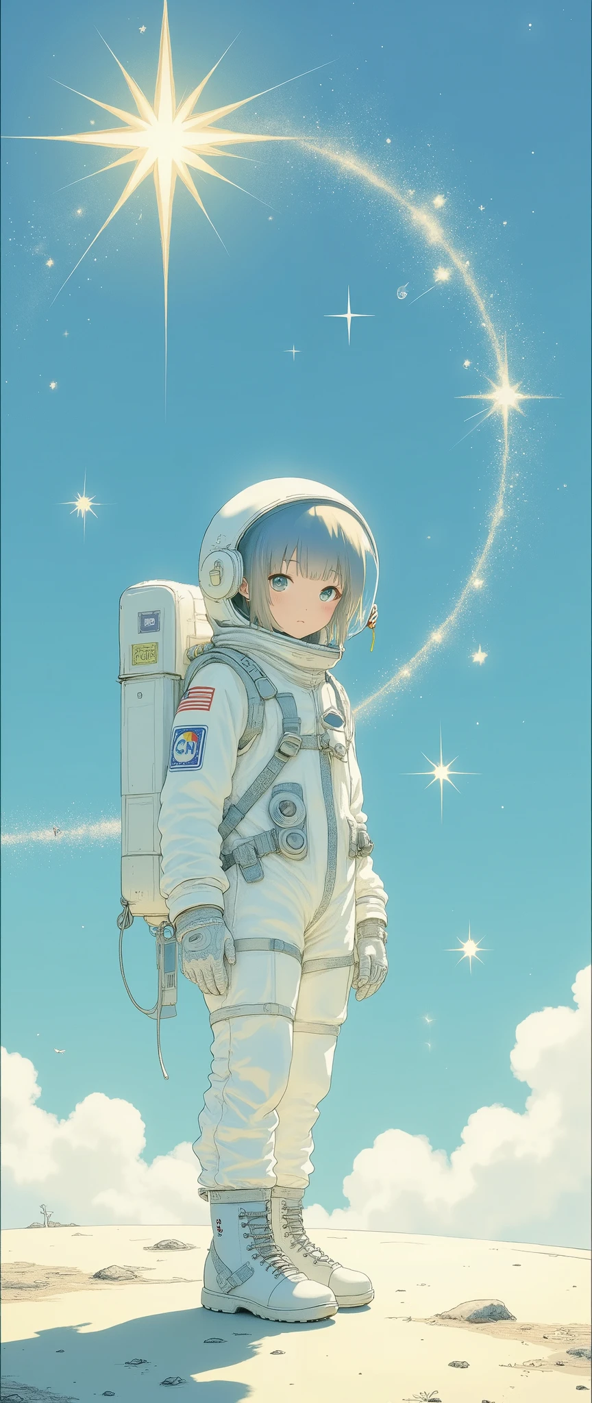 (Masterpiece:1.2,High quality, Mirror Finish  , Cinematic experience  ,  best illustrations :2.0),  ultra high definition ,  very detailed,8k, wallpaper,(A Girl Who Rides on a Star),( minimalist:2.0),(  comical  :2.0),(  manga style :2.0),( cute illustration:2.0),(A cute  in a spacesuit is raising a flag on the surface of an imaginary star),(The background is outer space)
