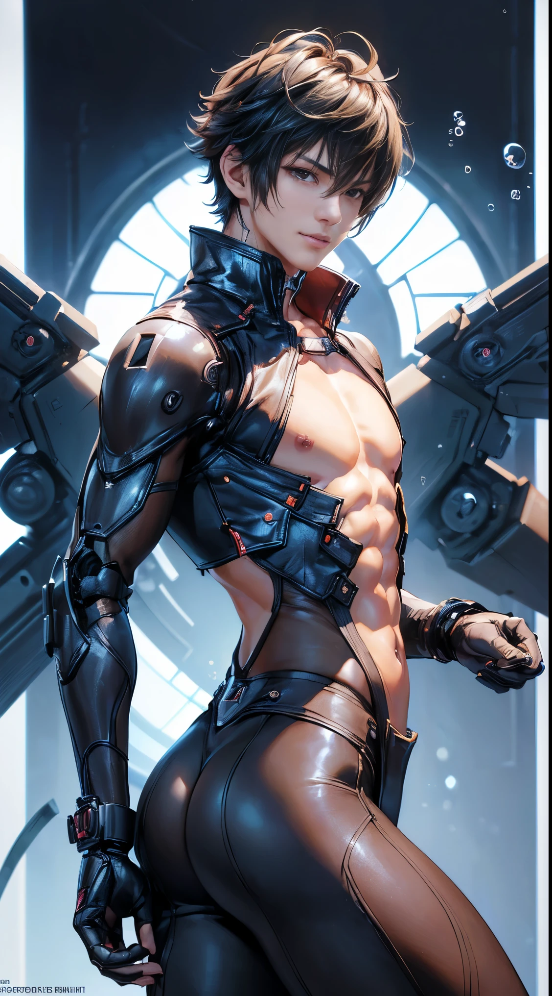 Handsome 18 year old Japanese model Very short, cropped black hair Soft Macho Half-body nudity White exoskeleton mechanical parts on one side Naked with white exoskeleton mechanical parts Attaching parts to nude looking at the camera