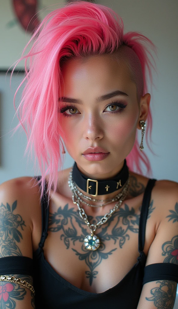 An enticing devil (sexy woman, sexy black skin tight outfit, violet eyes, extensive purple tattoos, pink skin, chromatic hair, red hot metal chains wrapped around arms and dangling), streets of bangkok