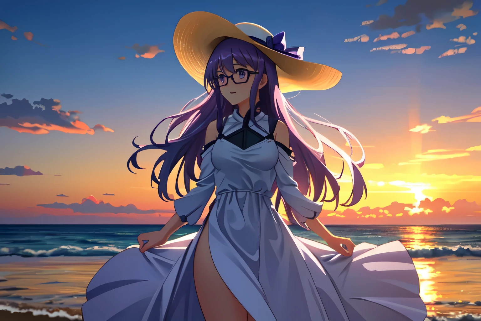 (Extremely detailed CG Unity 4K wallpaper),(masterpiece),( best quality ),( ultra high definition ),( Best Illustration ),( best shadows),( very high resolution ),( Detailed Background ), , 1 woman, alone, ë³'ë³'ì' , glasses, Breasts, long haired , Split , purple eyes, Split cutout, dress, long dress, beach, wind, delight, Sunset, hat